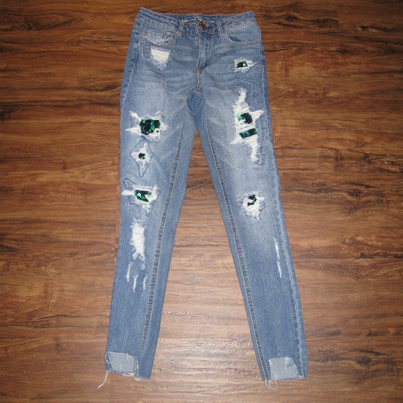 Almost Famous Denim - ADORABLE MERMAID JEANS WITH SEQUINS, RIPPED, HOLES